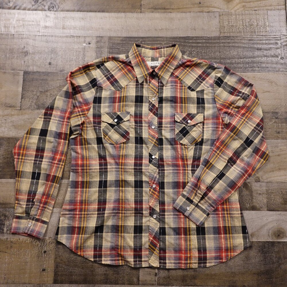 Roper western plaid shirt men's XL pearl snap‎ metallic tinsel plaid cowboy